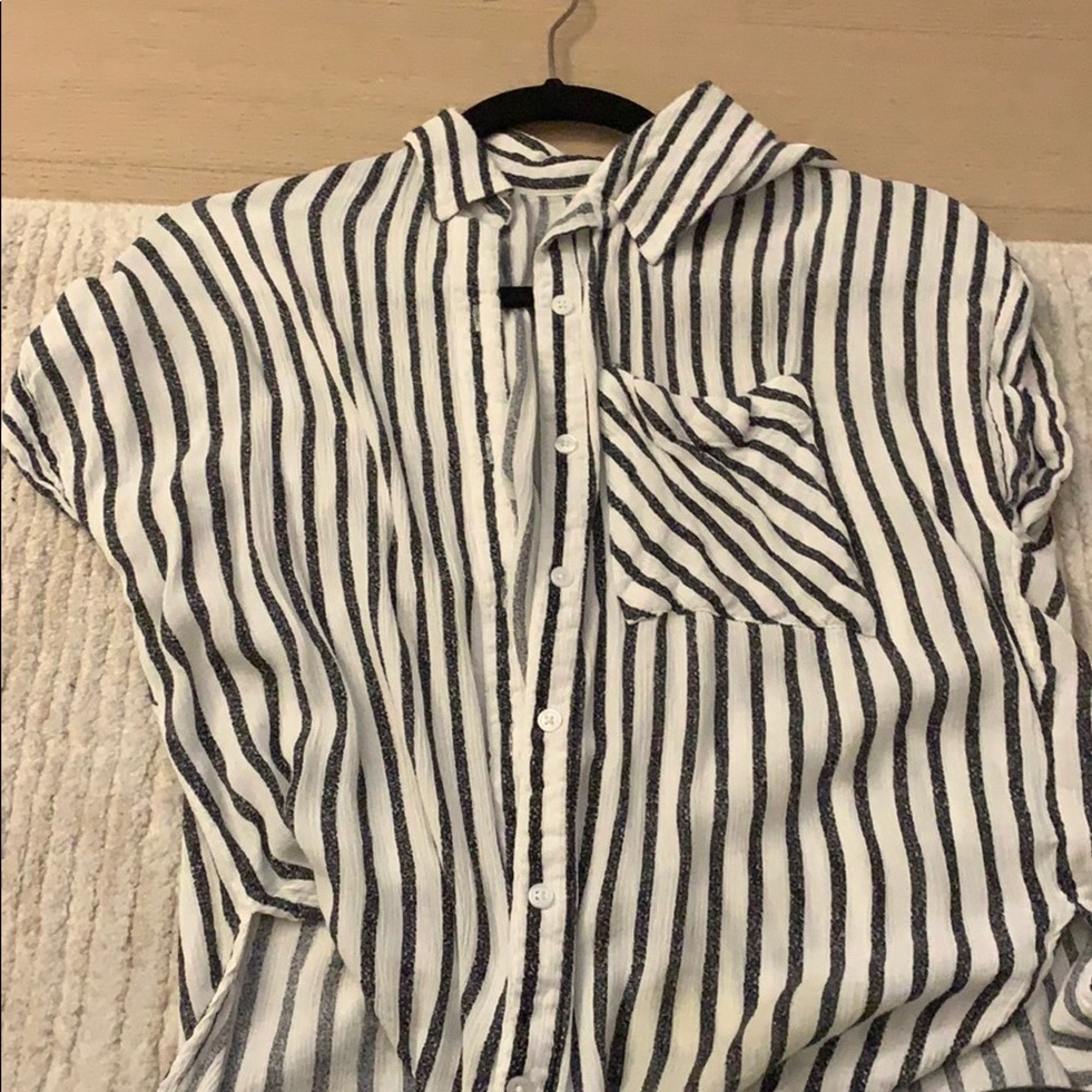 White buttons down with blue stripes